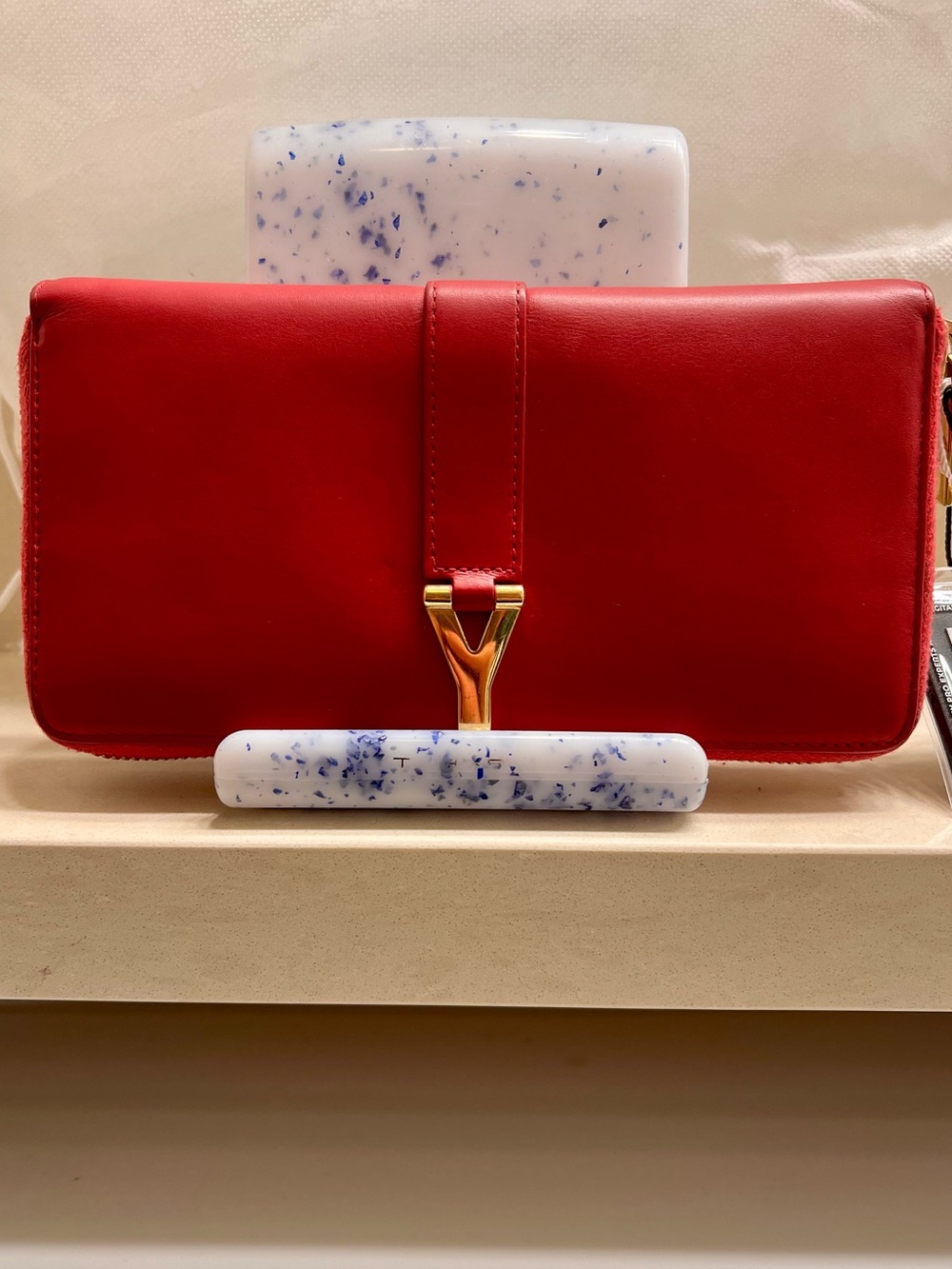 Yves Saint Laurent Magenta Leather Wallet with Gold Y-Hardware